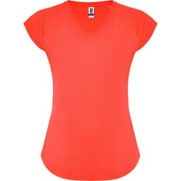A vibrant coral V-neck T-shirt with cap sleeves and a slightly curved hem. It features a logo on the label.