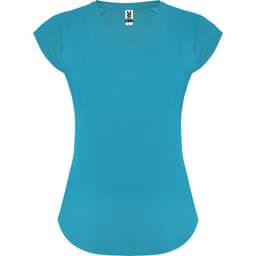 A turquoise V-neck T-shirt with cap sleeves and a fitted silhouette. It features a small logo.