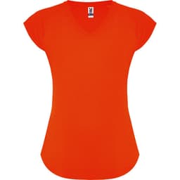 An orange V-neck T-shirt with cap sleeves and a fitted silhouette. It features a small logo in the neckline area.