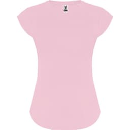 A pink T-shirt with a fitted design and a logo on the collar.