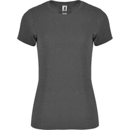 A grey women's T-shirt with short sleeves and a fitted design, featuring a small logo.