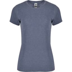 A women's T-shirt in a blue-grey colour with a fitted design and short sleeves. It features a branding logo.