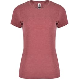 A women's t-shirt in a maroon colour, featuring a fitted design and short sleeves. It includes a branding logo.