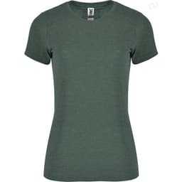 A green women's T-shirt with short sleeves and a fitted design. Features a logo on the label.