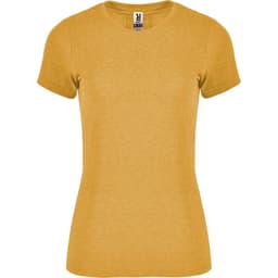 A mustard yellow women's t-shirt with short sleeves and a fitted design. It features a logo on the neckline.