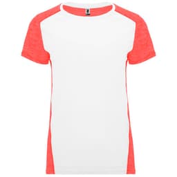 A women's T-shirt featuring a white body with coral pink sleeves and a branding tag at the neck.