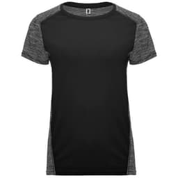 A women's T-shirt featuring a black body with grey textured sleeves. It has a logo on the label.