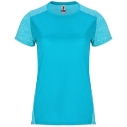 A turquoise women's T-shirt with contrasting light turquoise sleeves, featuring a logo on the front.
