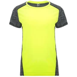 Bright yellow women's T-shirt with grey short sleeves and a logo on the chest. Suitable for casual wear.