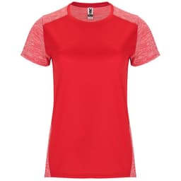 A red women's T-shirt with short sleeves and contrasting textured red sleeves, featuring a brand logo.