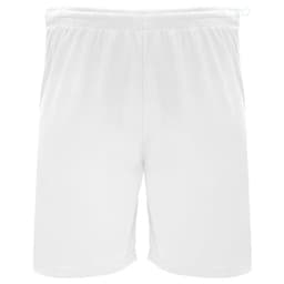 White sports shorts featuring an elastic waistband and side pockets, with a logo on the waistband.