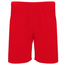 Red youth sports shorts featuring an elastic waistband and a simple design. Includes a logo on the front.