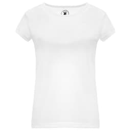 A white T-shirt with a round neckline and short sleeves, featuring a logo on the inside label.
