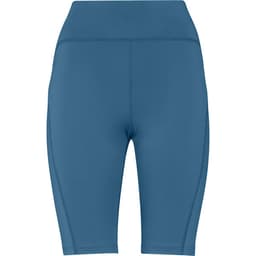 A pair of blue short leggings featuring a high waistband and a sleek design. Includes a branding logo.