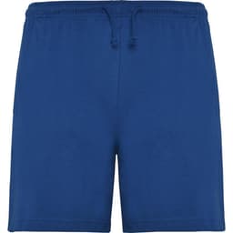 Sport shorts in solid blue, featuring an elastic waistband with drawstring and side pockets. Includes a brand logo.