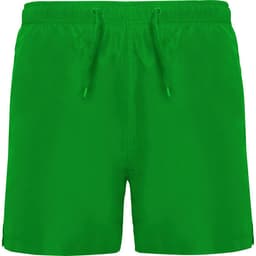 Green swimming shorts with an elasticated drawstring waistband and a logo. Suitable for casual swimming.