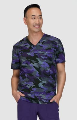 A short-sleeved, v-neck shirt featuring a black and purple camouflage pattern, designed for men. It has a logo on the sleeve.