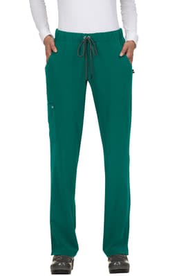 A pair of teal pants with a drawstring waist and pockets, featuring a logo on the side.