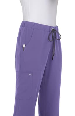 A pair of purple pants with an elastic waistband, drawstring, and side pockets, featuring a small logo.