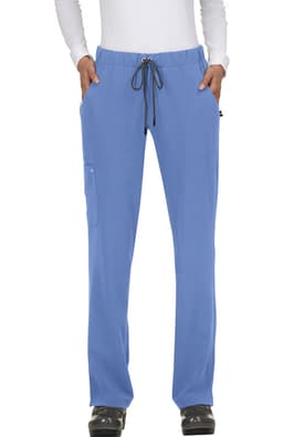 Light blue pants with a drawstring waist and pockets, featuring a logo on the side.