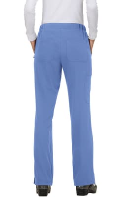 A pair of blue trousers with pockets, featuring a smooth waistband and a slight flare at the bottom, viewed from the back.