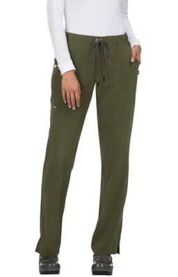 Olive green pants with a drawstring waist, featuring pockets and a logo. Suitable for casual wear.
