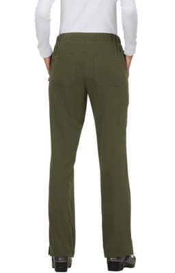 A pair of olive green pants with pockets, viewed from the back, featuring a simple design and a waistline.