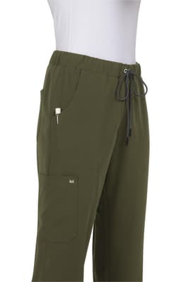 A pair of olive green pants with pockets and a drawstring waist, featuring a logo on the side.