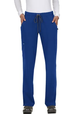 Blue pants with a drawstring waist and pockets, featuring a logo on the side.