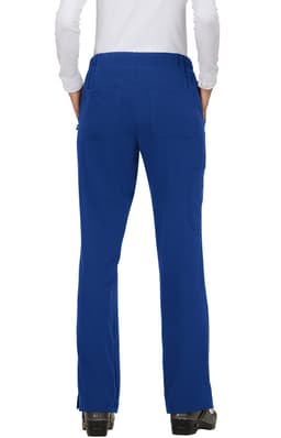 A pair of blue pants viewed from the back, featuring multiple pockets and a casual fit. The model is wearing a white top.