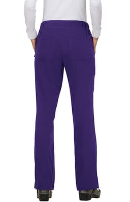 A pair of purple pants with a straight leg style and multiple pockets, featuring a branding logo on the back.