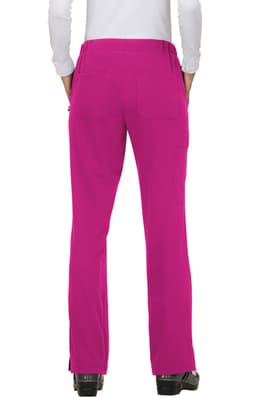 Fuchsia pants viewed from the back, featuring a pocket detail and a straight-leg cut. The image includes a logo.