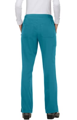 A pair of teal pants with multiple pockets, viewed from the back, featuring a plain design and a logo.
