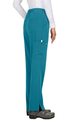 Teal pants with a relaxed fit and pockets, displayed from the back, featuring a logo.