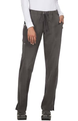 A pair of dark grey pants with a drawstring waist and side pockets, featuring a branding logo.