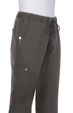 A pair of grey promotional pants with an elastic waistband, drawstring, and multiple pockets, featuring a logo.