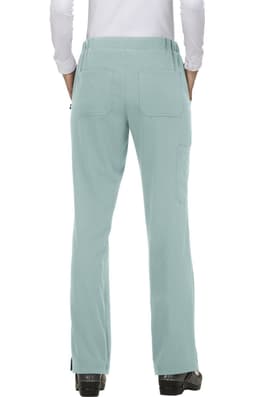 A pair of mint green trousers with pockets, featuring a plain design and a logo on the back.