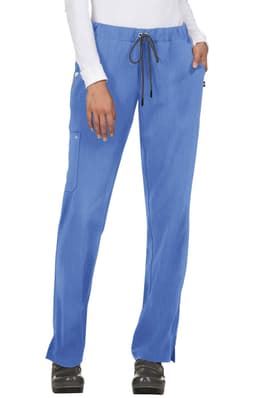 Blue pants with a drawstring waistband and multiple pockets, featuring a logo on one pocket.