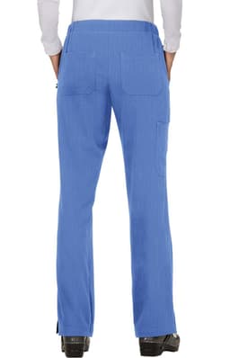 Blue pants with a ribbed texture and multiple pockets, viewed from the back. The pants feature a waistband and are styled for comfort.