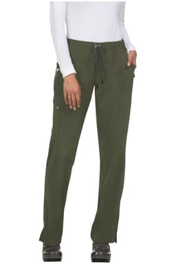 An olive green pant with a drawstring waistband and side pockets, worn by a model. It features a logo.
