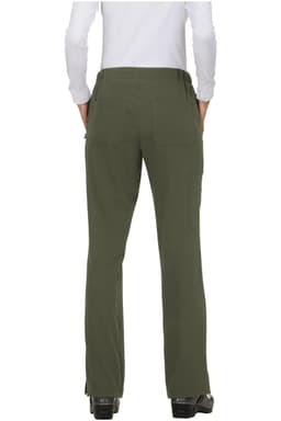 A pair of green pants viewed from the back, featuring pockets and a fitted waist. Logo visible on the fabric.