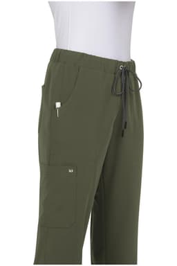 Green pants with a drawstring waistband and multiple pockets, featuring a logo on the side.