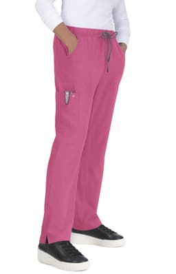 A pair of pink pants with pockets, featuring a drawstring waist and worn with black sneakers.