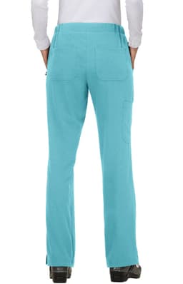 A pair of turquoise trousers featuring back pockets, shown from the rear view. The fabric appears soft and lightweight.