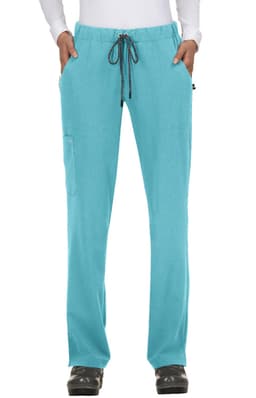 Turquoise pants with a drawstring waist and pockets, featuring a logo on the side.
