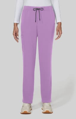 Purple pants with a drawstring waist and side pockets, worn by a model standing against a light grey background.