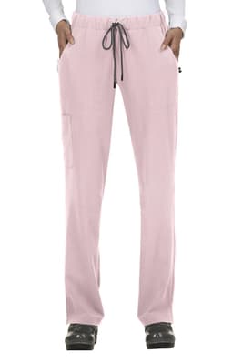 A pair of pink pants with an elastic waistband, drawstring, and multiple pockets.
