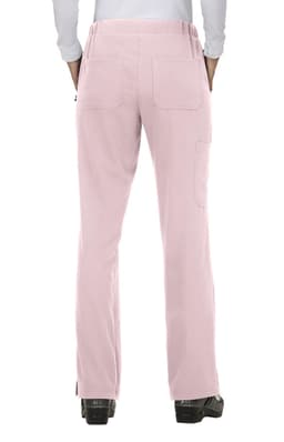 A pair of pink pants with a straight-leg design and rear pockets, viewed from the back.