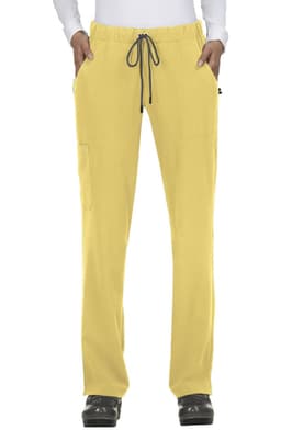 A pair of yellow pants with pockets and a drawstring waist, modelled by a person in a white top.