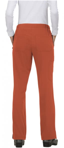 A pair of orange pants viewed from the back, featuring a fitted waist and a single back pocket.